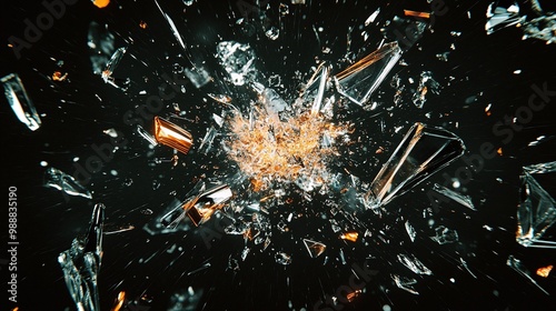sharp shattered glass fragments bursting dynamically against a black background capturing the chaotic motion of broken shards and debris in an explosive impact
