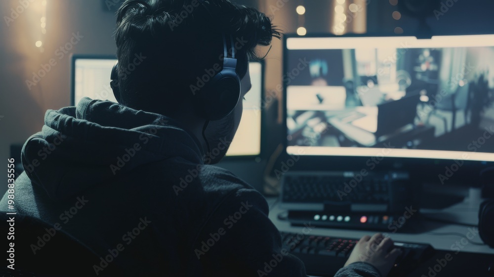 A young person immersed in a video gaming setup, wearing headphones and surrounded by multiple monitors, with the dimly lit room adding a sense of focus. A young person immersed in a video gaming setup, wearing headphones and surrounded by multiple monitors, with the dimly lit room adding a sense of focus.