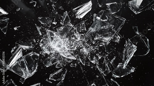 sharp shattered glass fragments bursting dynamically against a black background capturing the chaotic motion of broken shards and debris in an explosive impact