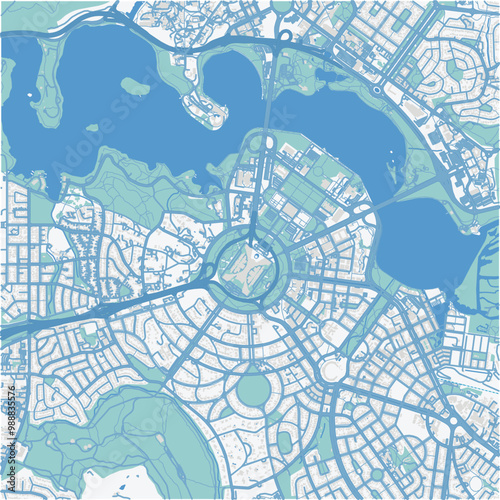 Map of Canberra center in Australia in a professional blue style. Contains layered vector with roads water, parks, etc.