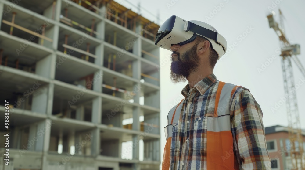 A bearded man in a checkered shirt and safety vest uses a VR headset to visualize a construction project in front of a building frame.