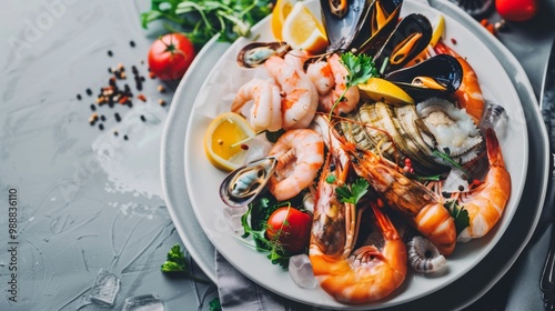 A beautifully arranged seafood platter featuring shrimp, mussels, and lemon slices, garnished with fresh herbs on a gray textured background.