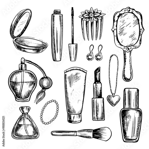 A set of clip art with cosmetics, powder, mascara, lipstick, cream, perfume, etc.. Black and white vector graphics made by hand. Illustrations on a white background. For packages and labels, flyers.