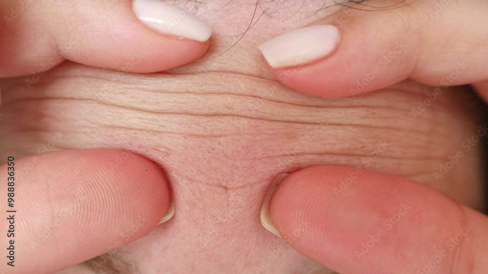 Female hands touching and squeezing her forehead wrinkles lines close up. Aging problems concept