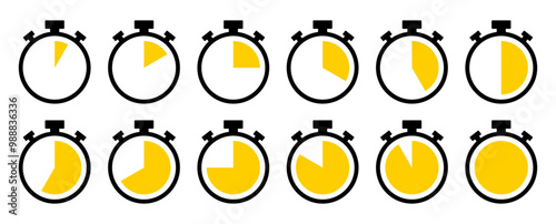 Stopwatch, timer or countdown clock icon set with 5 to 60 minutes in yellow color. Timer set vector icon collection. 5 minutes timer set. Cooking time vector. Countdown timer symbol set.