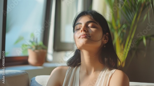 Free Download A woman basks in sunlight with a serene expression, seated in front of a window with green potted plants, wearing a sleeveless white top. - GFXLoad