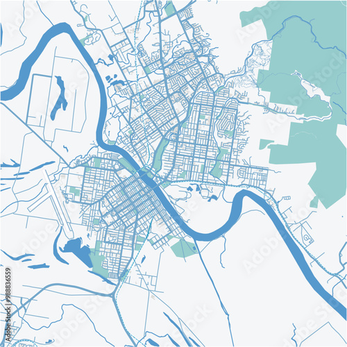 Map of Rockhampton in Australia in a professional blue style. Contains layered vector with roads water, parks, etc.