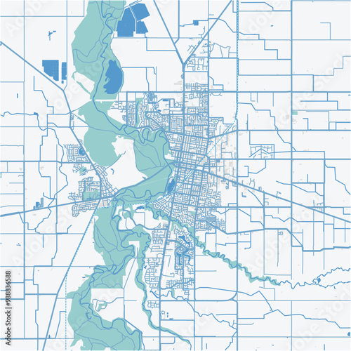 Map of Shepparton in Australia in a professional blue style. Contains layered vector with roads water, parks, etc.