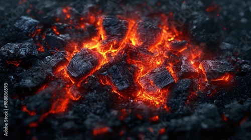 glowing charcoal and embers in vibrant orange-red light showcasing intense heat and energy in the dark ashen coals perfect for themes of fire combustion and radiant power