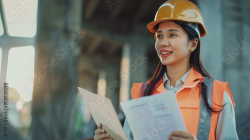 A focused construction engineer in a hard hat reviews paperwork amid the structural framework of an industrial site.