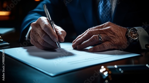 A close-up of a person's hand signing a document on a desk, showcasing professionalism and attention to detail in a dimly lit environment.