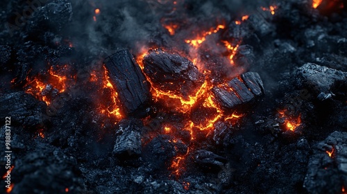 glowing charcoal and embers in vibrant orange-red light showcasing intense heat and energy in the dark ashen coals perfect for themes of fire combustion and radiant power