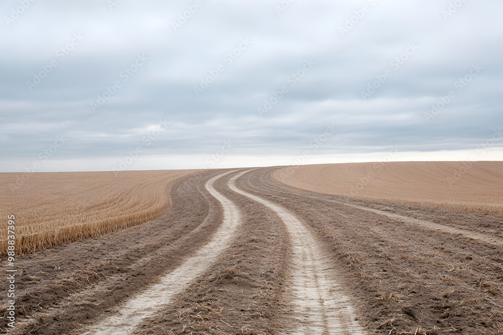 Naklejka premium A winding dirt road stretches through a vast, barren landscape under an overcast sky, symbolizing solitude, adventure, and the journey ahead