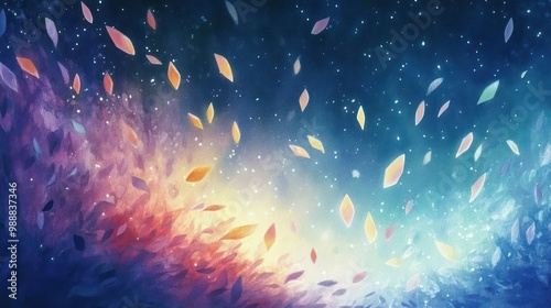 A vibrant abstract scene with floating leaves against a starry backdrop.