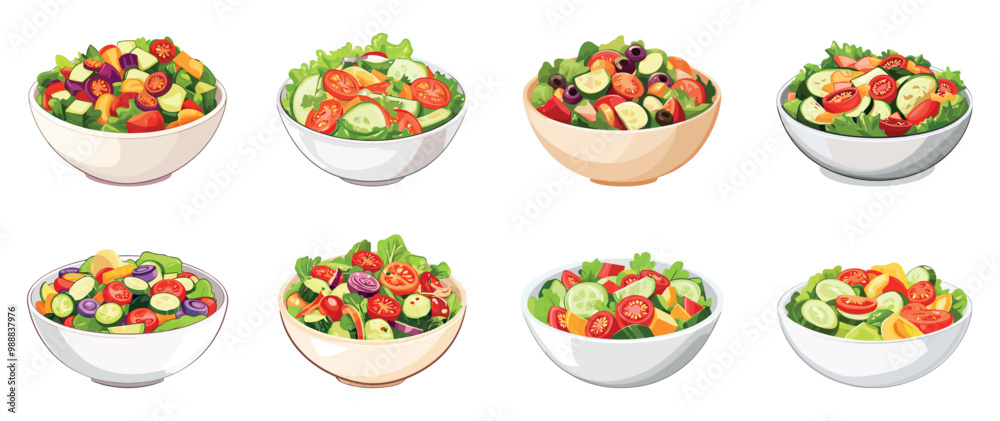 Vegetable salad set in a white bowl. Healthy food lunch dinner concept. Fresh organic farm vegetables. Menu decoration cooking design element. Cartoon style isolated vector clipart collection Vegetable salad set in a white bowl. Healthy food lunch dinner concept. Fresh organic farm vegetables. Menu decoration cooking design element. Cartoon style isolated vector clipart collection