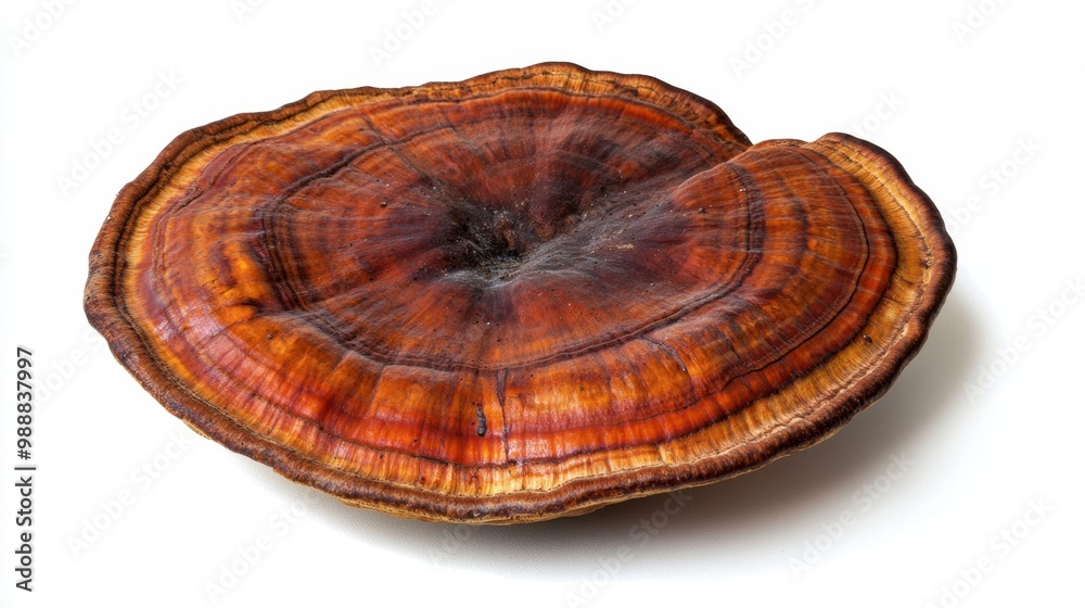 A single large Reishi mushroom placed flat on a white background, capturing its deep earthy colors and ridged texture. A single large Reishi mushroom placed flat on a white background, capturing its deep earthy colors and ridged texture.