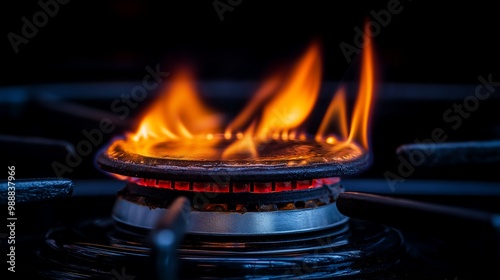 Closeup shot of fire from domestic kitchen stove top. Gas cooker with burning flames of propane gas. economy concept genarative ai photo