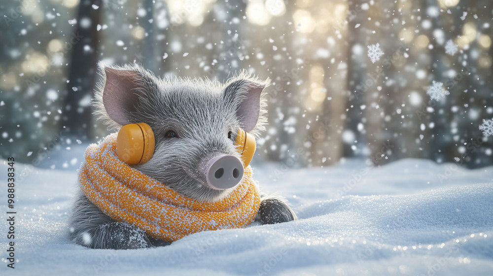Cute 3D wild boar wearing a bright yellow scarf and earmuffs, playfully resting in a snowy landscape with falling snowflakes, creating a cozy winter scene. Cute 3D wild boar wearing a bright yellow scarf and earmuffs, playfully resting in a snowy landscape with falling snowflakes, creating a cozy winter scene.