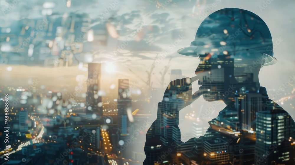 A double exposure image blending a cityscape at twilight with a silhouetted construction worker adjusting his helmet, symbolizing urban development. A double exposure image blending a cityscape at twilight with a silhouetted construction worker adjusting his helmet, symbolizing urban development.
