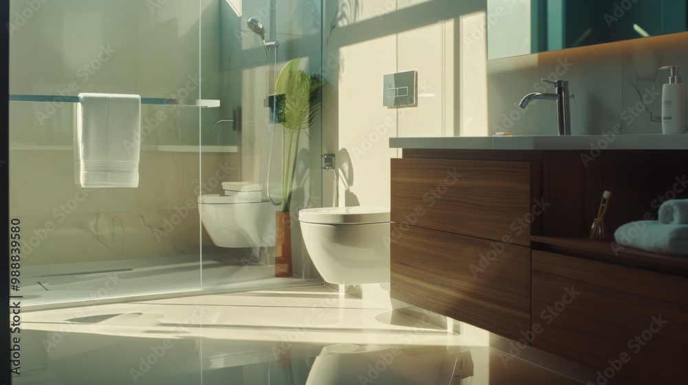 A sunlit modern bathroom featuring sleek wooden cabinetry, glass shower enclosure, and subtle plant decor, exuding warmth and minimalist sophistication.