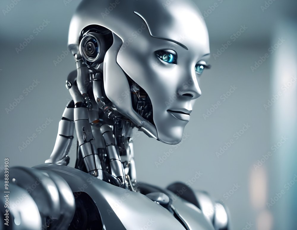 Robot woman android close-up on blurred background Robot woman android close-up on blurred background