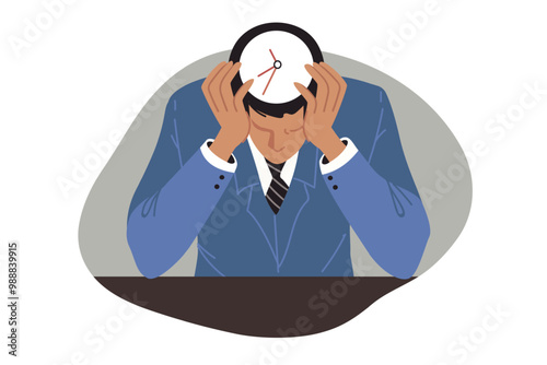 Deadline puts pressure on business man clutching head and wanting to quit job or abandon project. Problem of strict deadline and low productivity negatively affects mood of office clerk