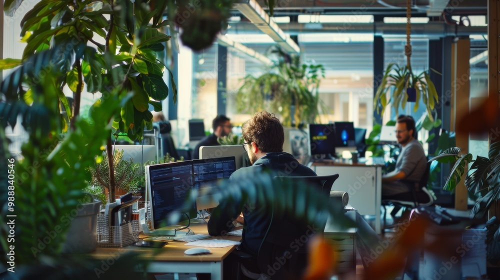 Obraz premium A vibrant, plant-filled office space where focused individuals work at their computers, creating a harmonious blend of nature and technology.