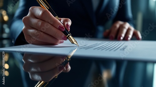 A person is signing a document with a fountain pen, reflecting professionalism in a modern office setting.