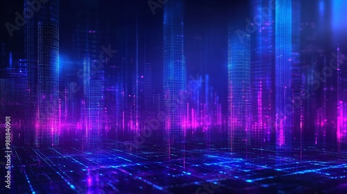 Abstract digital cityscape in blue and pink