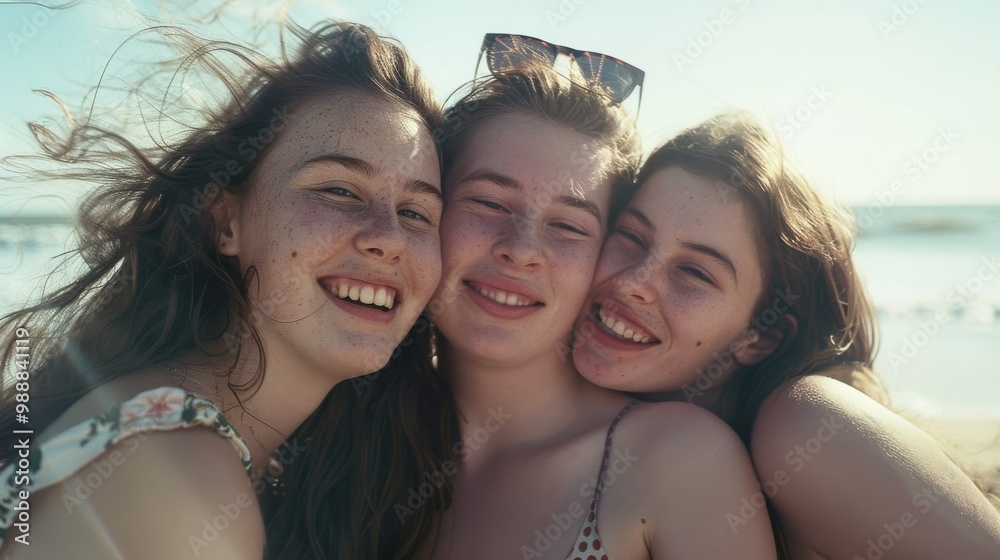 Three friends embrace and smile broadly against a coastal backdrop, their hair tousled by the sea breeze. Three friends embrace and smile broadly against a coastal backdrop, their hair tousled by the sea breeze.