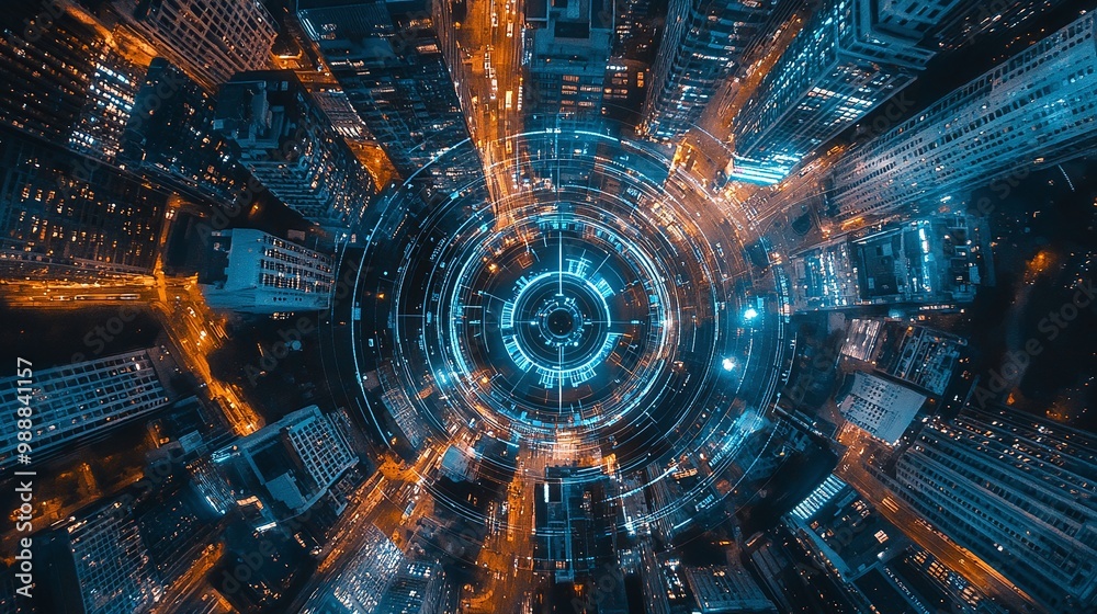 Fototapeta premium Aerial view of modern cityscape at night with vibrant lights.