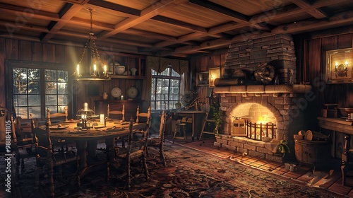 A scene inside the dining room nice and warm with an old bell singing over the fire