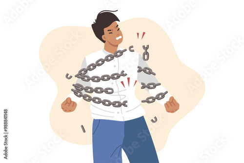 Brave man breaks chains symbolizing NDA contract in business, wanting to restore own rights. Young guy struggles with restrictions and chains, refusing to be hostage to uncontrollable situation