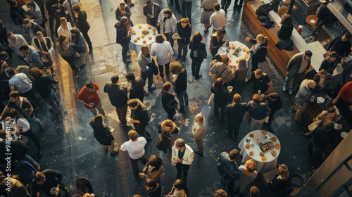 A bustling crowd mingles at a sophisticated event with round tables and food trays, captured from an above view. photo