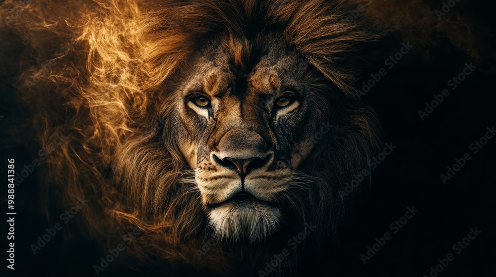 Majestic Lion with Flowing Mane Morphing into Serene Jesus. A Symbol of Power and Grace Majestic Lion with Flowing Mane Morphing into Serene Jesus. A Symbol of Power and Grace