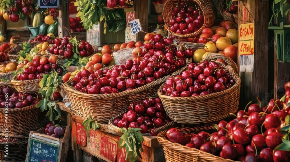A vibrant market stall selling fresh cherries, with baskets overflowing with the fruit, surrounded by other seasonal produce and colorful market signs. A vibrant market stall selling fresh cherries, with baskets overflowing with the fruit, surrounded by other seasonal produce and colorful market signs.