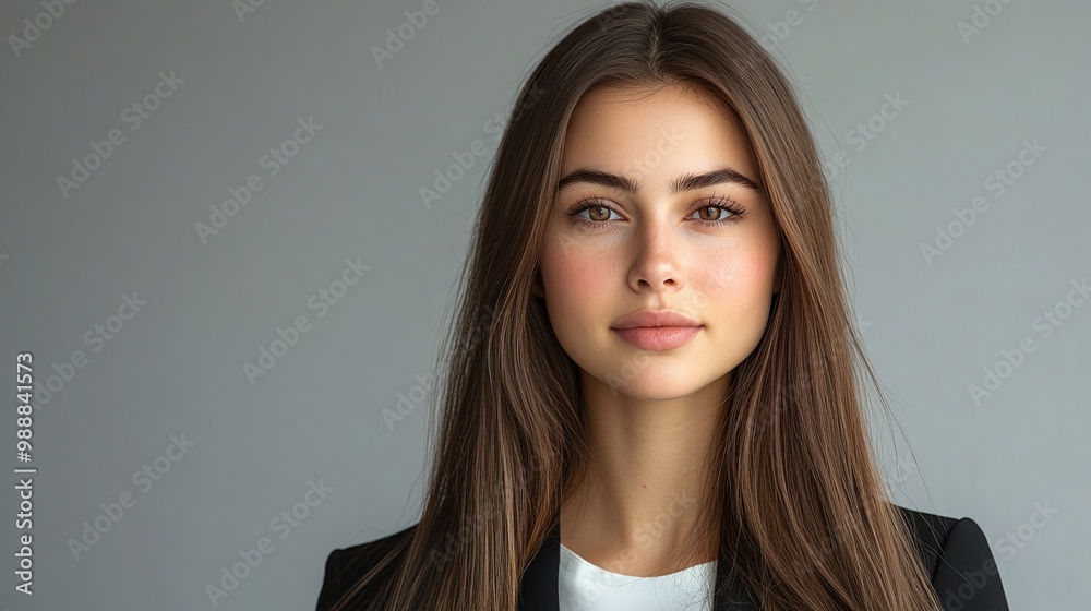 professional corporate portrait of a young woman in sleek business attire with long straight hair against a neutral gray background ideal for executive leadership and business success professional corporate portrait of a young woman in sleek business attire with long straight hair against a neutral gray background ideal for executive leadership and business success