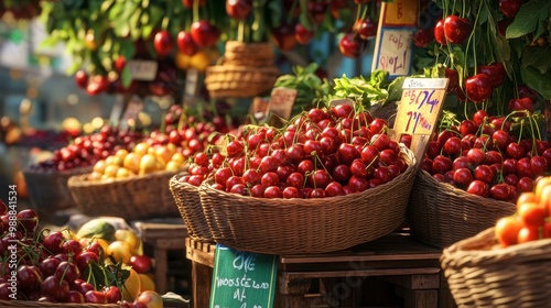 A vibrant market stall selling fresh cherries, with baskets overflowing with the fruit, surrounded by other seasonal produce and colorful market signs.