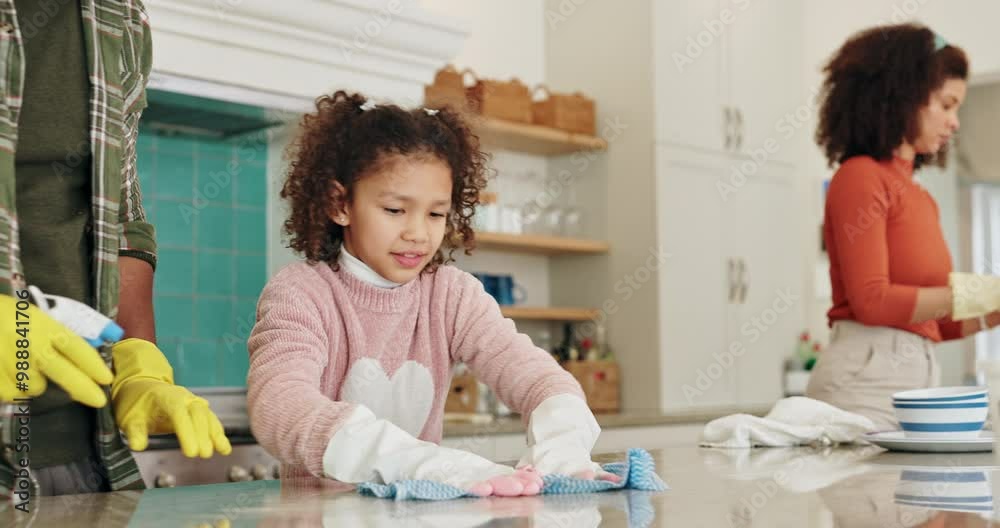 Father, girl and spray for cleaning kitchen together, hygiene and wipe counter for bacteria prevention. Dad, daughter and chemical detergent for maintenance support, mom washing dishes and helping Father, girl and spray for cleaning kitchen together, hygiene and wipe counter for bacteria prevention. Dad, daughter and chemical detergent for maintenance support, mom washing dishes and helping