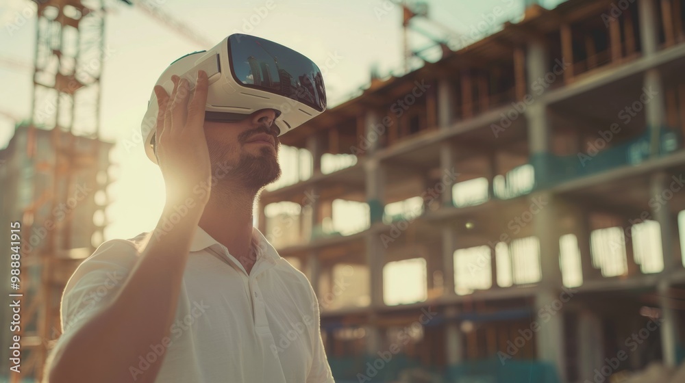 A man in a VR headset stands at a construction site, immersed in a digital simulation of the future build while cranes loom in the background. A man in a VR headset stands at a construction site, immersed in a digital simulation of the future build while cranes loom in the background.