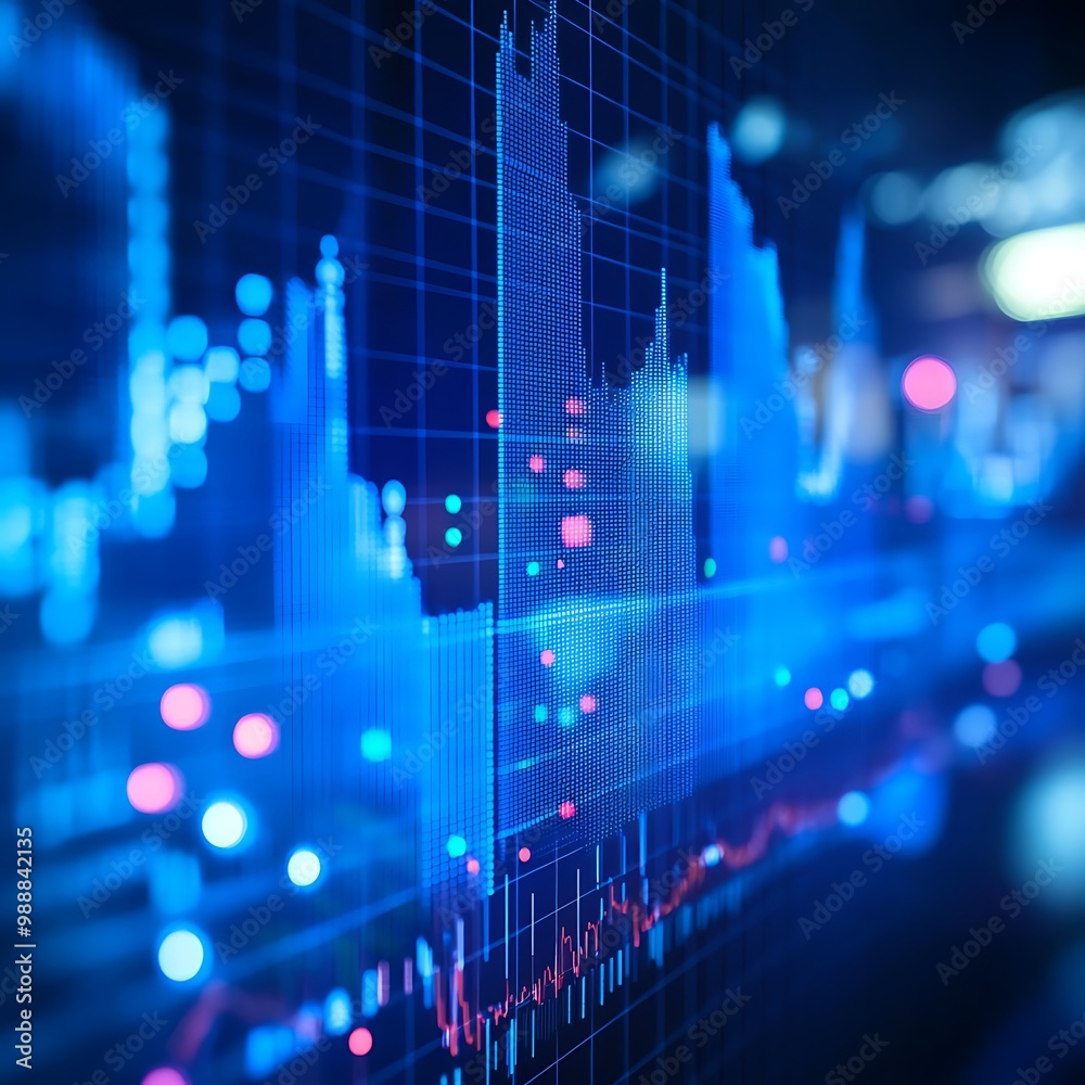 Abstract Financial Chart Display on Blue Digital Screen with Blurred Background Abstract Financial Chart Display on Blue Digital Screen with Blurred Background