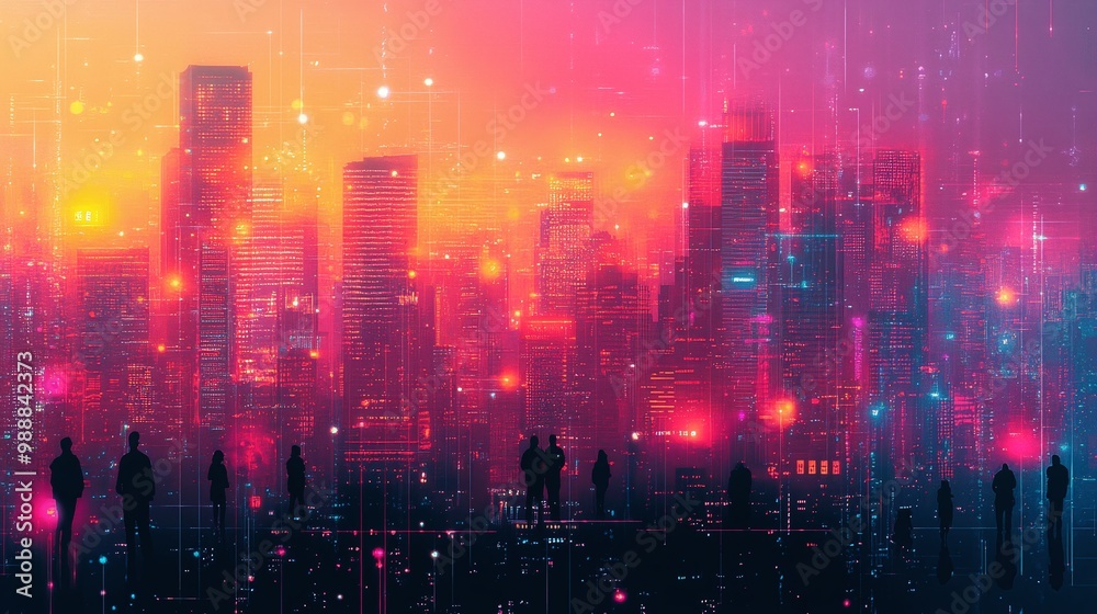 Futuristic city skyline with vibrant colors at sunset. Futuristic city skyline with vibrant colors at sunset.