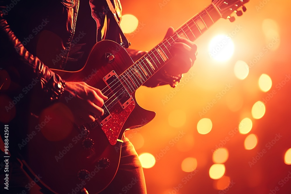 Obraz premium Guitarist on stage with vibrant bokeh lights