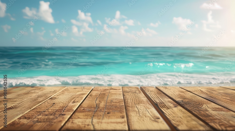 Fototapeta premium A tranquil coastal scene featuring a wooden deck overlooking the serene blue ocean under a bright sky. Perfect for relaxation.