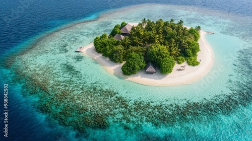 An aerial shot of a small, secluded island in the Maldives, surrounded by clear, shallow waters and coral reefs, offering the ultimate tropical getaway.