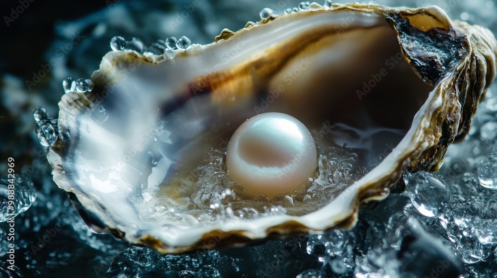 An open oyster revealing a single, perfectly round pearl inside, with water droplets glistening on the shell. An open oyster revealing a single, perfectly round pearl inside, with water droplets glistening on the shell.