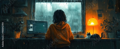 animestyle illustration of studious girl at cozy desk rain pattering on window lofi hiphop aesthetic with warm lamp light cat curled nearby atmospheric 4k wallpaper