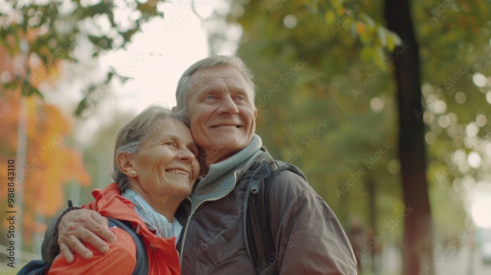 An elderly couple embracing lovingly in a sunlit park, their faces warmly lit with joy and tenderness. An elderly couple embracing lovingly in a sunlit park, their faces warmly lit with joy and tenderness.