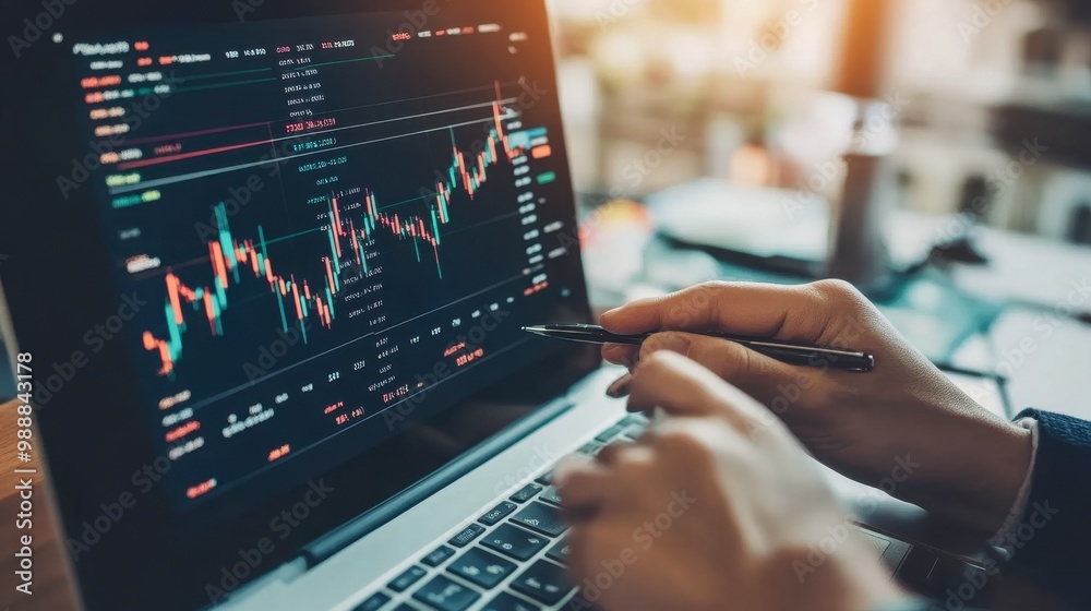 Close-up of a financial advisor pointing at a laptop screen showing stock market data, explaining investment options to a client.
