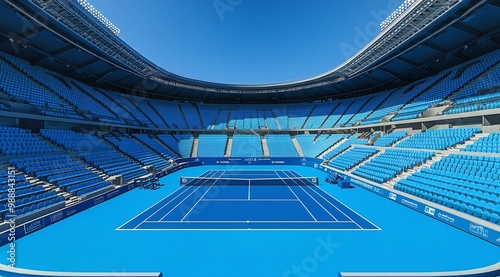 A vibrant tennis court during a sunny day with a packed stadium in the backdrop showcasing an exciting tournament atmosphere
